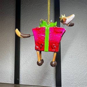 Whimsical Multimedia Puppy Dog Present Resin Vtg Ornament Springs Bobble 4”